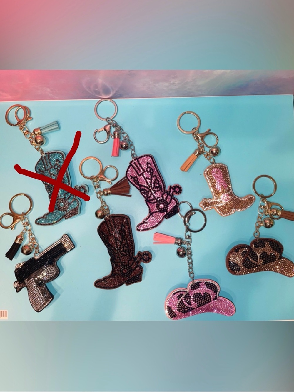 CHOICE OF Western Theme Rhinestone Keychain Bag Charm with Tassel
